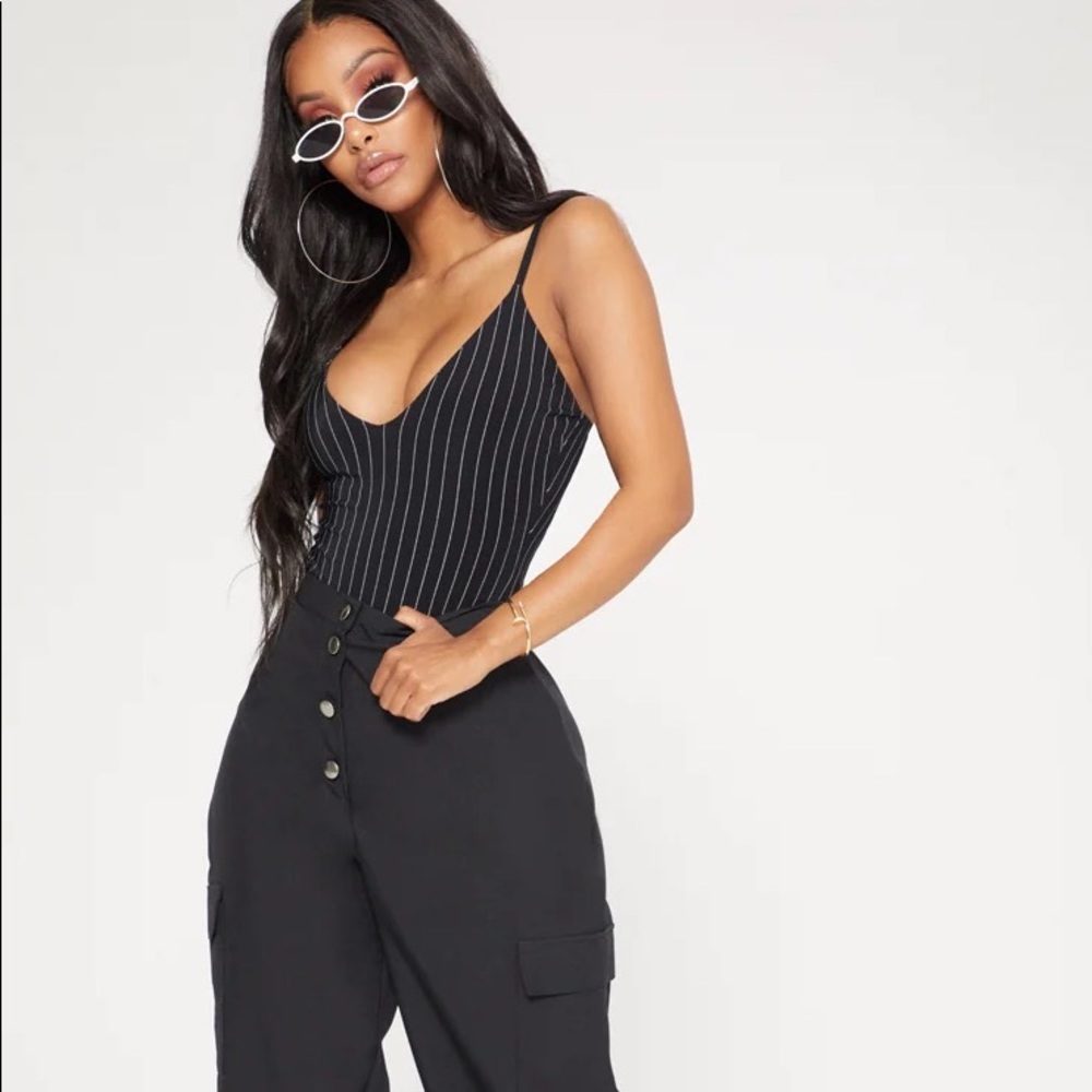 PrettyLittleThing Shape Black Pinstripe Slinky Double Layer Bodysuit